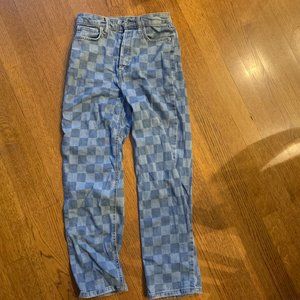 checkered high waisted blue jeans